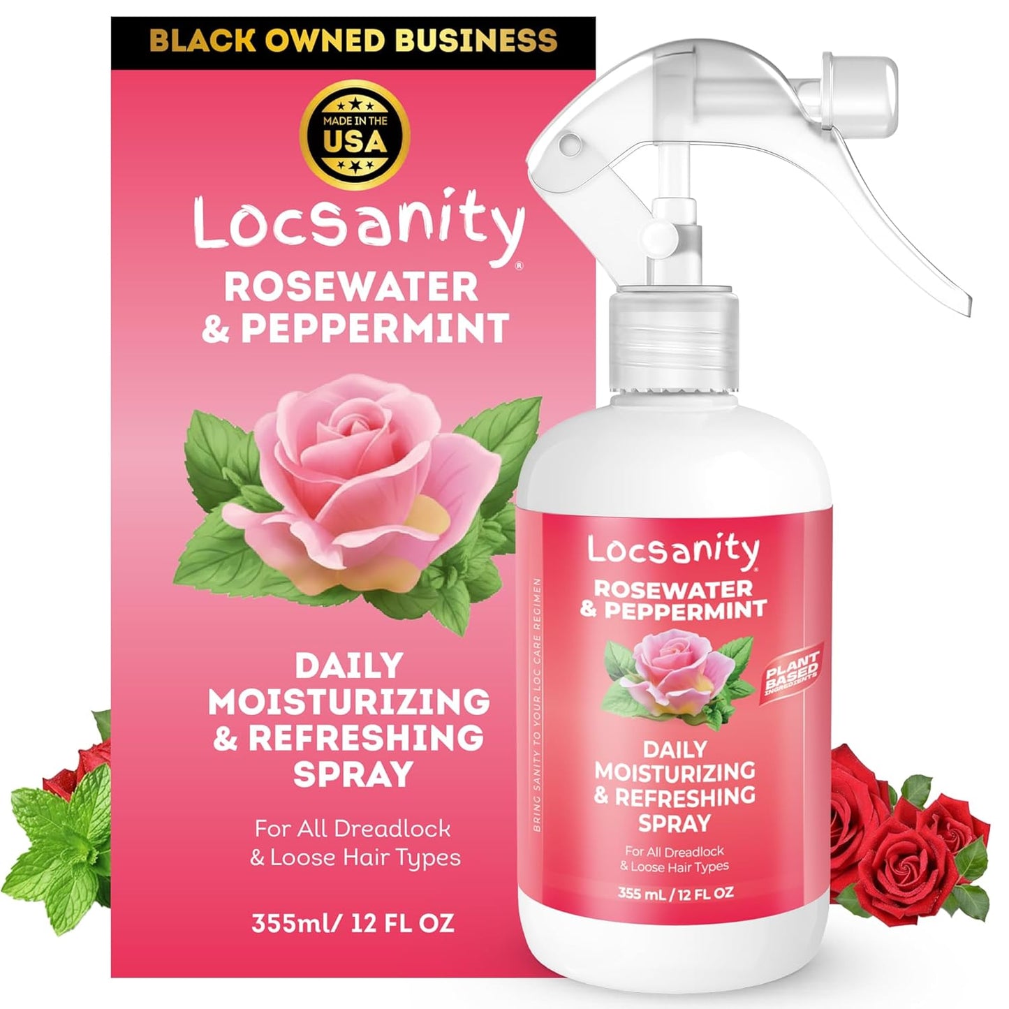 Locsanity Daily Moisturizing Rosewater & Peppermint Spray - Lightweight Frizz Control for Locs & Dreadlocks | Natural Hair & Scalp Moisturizer (12 fl oz)