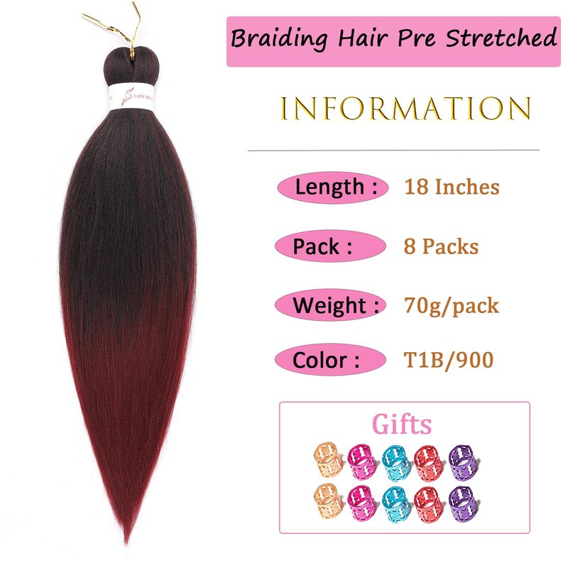 Ombre Burgundy Braiding Hair Pre stretched 8 Packs 18 Inch Kanekalon Yaki Texture Pre stretched Hair For Braiding Professional Synthetic Hair Extension Itch Free Hot Water Setting(18", T1B/900#)