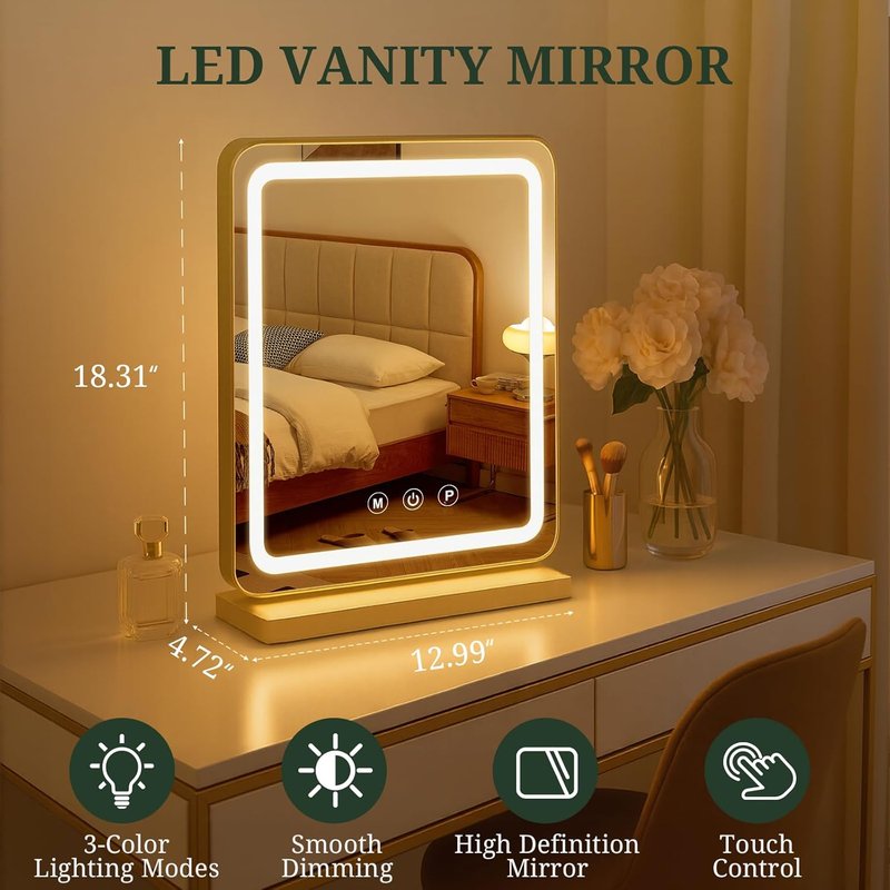 LED Makeup Mirror with Lights - 3-Color Dimmable Lighting, Smart Touch Control | Tabletop Vanity Mirror for Bedroom & Dressing Room