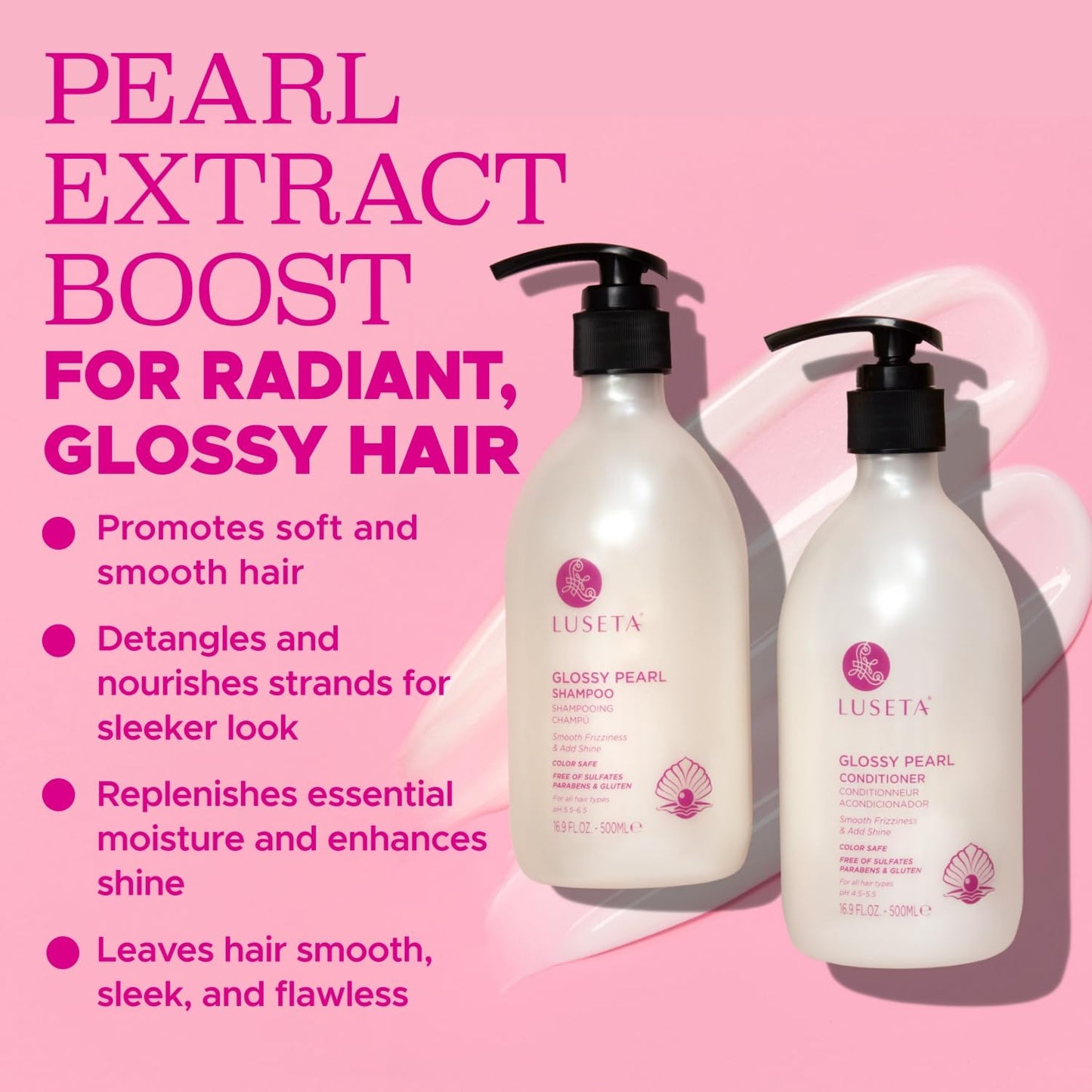 Luseta Glossy Pearl Shampoo and Conditioner Set Smooth & Moisturize, Add Shine and Helps Tame Frizz,Hydrating for Damaged Hair, Detangle,Nourish Strands, Sulfate Free,16.9oz*2