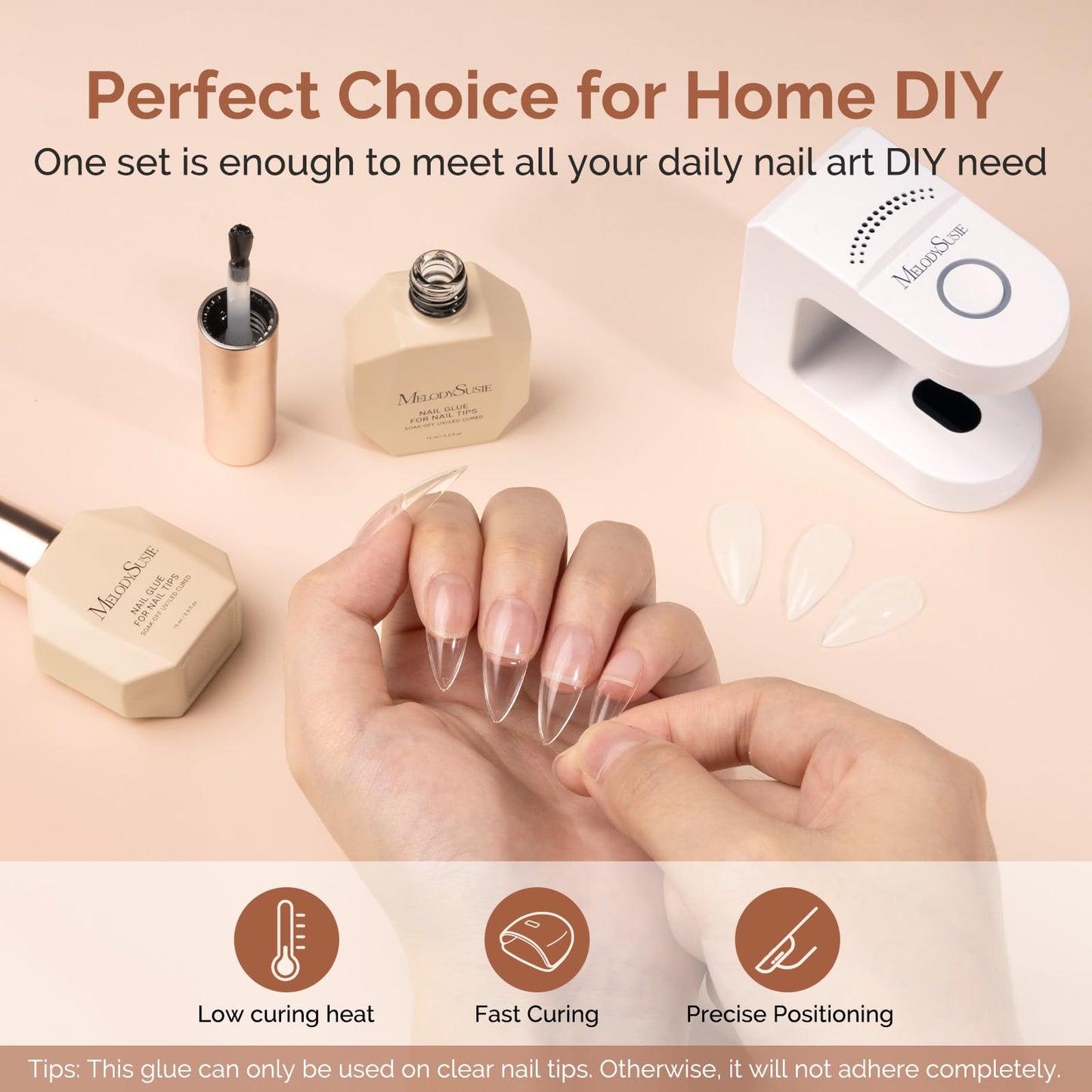 MelodySusie 9 in 1 No TPO Gel Nail Glue for False Nail Tips, 2Pcs*15ml Long Lasting UV Light Required,as Base Coat, Apex Building, Blooming & Rhinestone Gel, Stong Adhesion Manicure Kit Salon Home