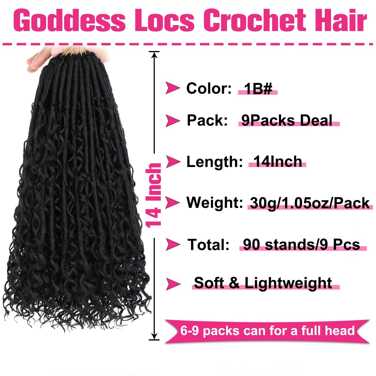 Unionbeauty Pre Looped Goddess Locs Crochet Hair 30 Inch 9 Packs Boho Goddess Faux Locs with Curly Ends Black River Locs Crochet Hair Synthetic Crochet Locs Hair Extensions For Women 1B#