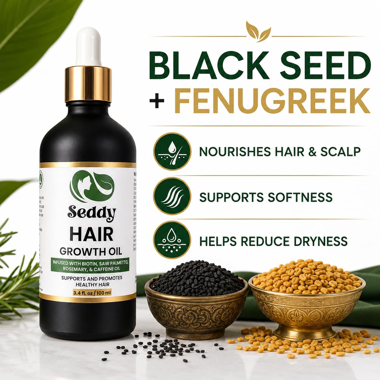 Seddy Hair Growth & Strengthening Oil with Caffeine, Rosemary, Castor, Biotin, Peppermint, Argan & Jojoba Oil & Detangling Brush, Painless Curly Hair Care Tool, Frizz-Free, Effortless Detangling