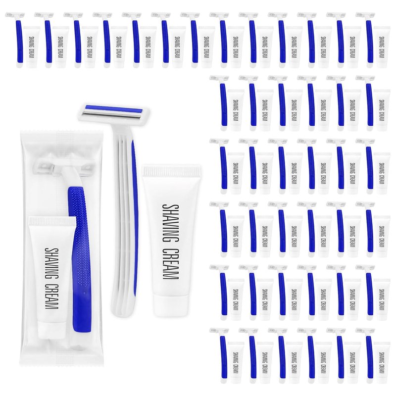 Twin Blade Disposable Razors - Individually Wrapped for Travel & Hotels | 50 Pack with Safety Cap & Shaving Cream