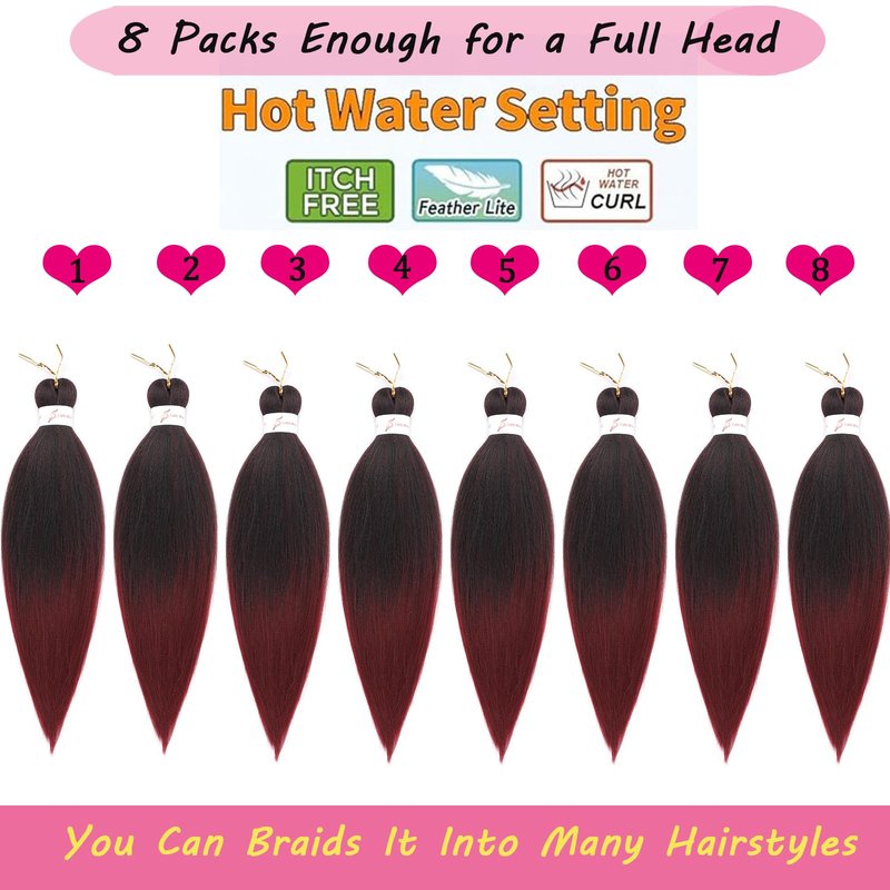 Ombre Burgundy Braiding Hair Pre stretched 8 Packs 18 Inch Kanekalon Yaki Texture Pre stretched Hair For Braiding Professional Synthetic Hair Extension Itch Free Hot Water Setting(18", T1B/900#)