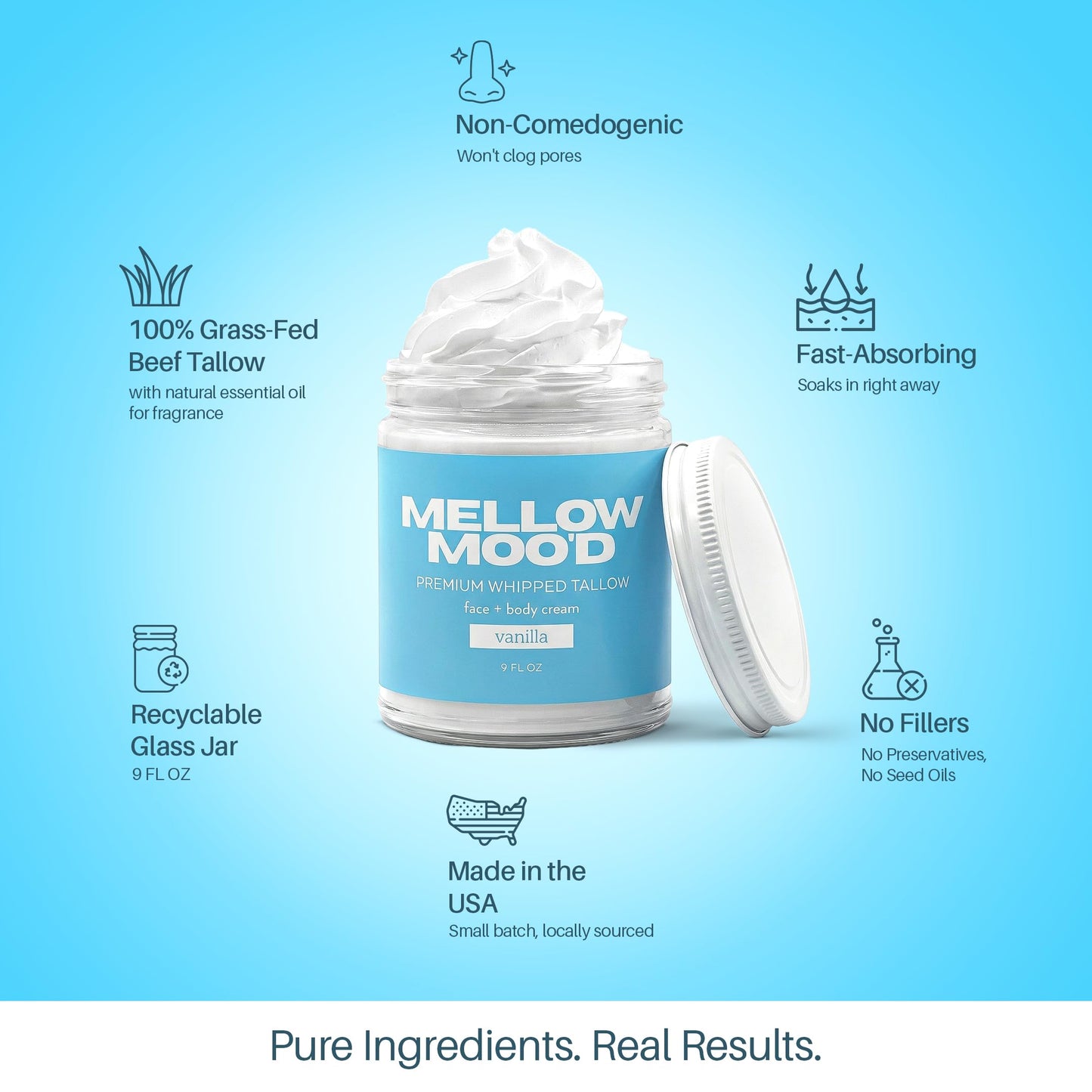 Mellow Moo'd Whipped Grass Fed Beef Tallow - Face + Body Cream - Tallow Moisturizer for Sensitive Skin - Natural Body Butter Lotion XTRA Large 9 FL OZ - Made In USA (9oz, Vanilla)