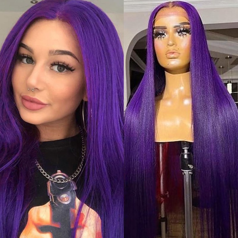 Lezaxiu Purple Synthetic Hair Wigs Long Straight Hair Natural Dark Purple Color Wig Heat Resistant Fiber Hair Wigs for Fashion Women