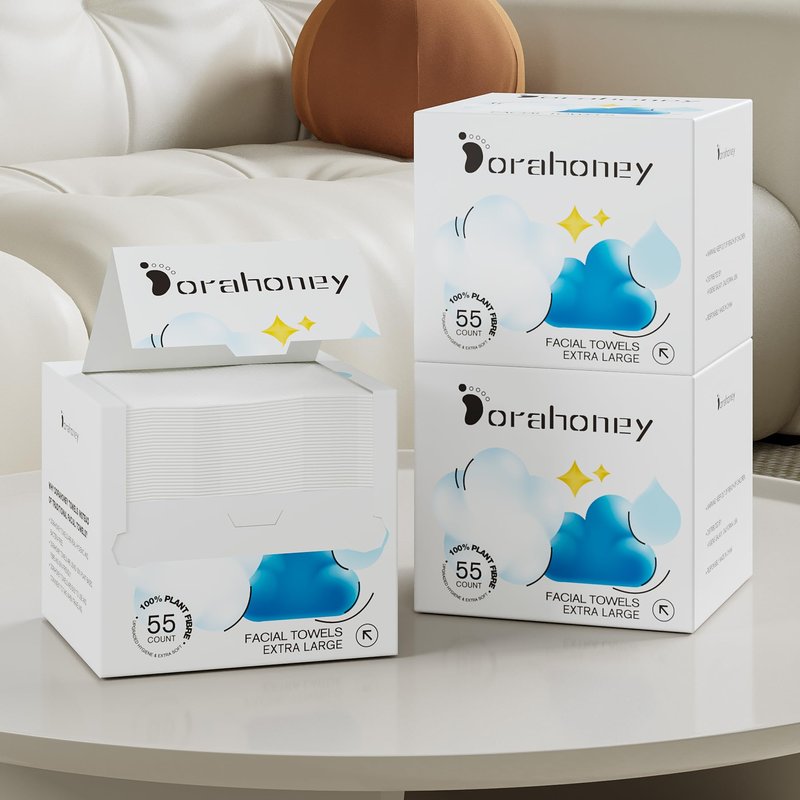 Dorahoney Disposable Face Towels, 12"×12" Extra Large Face Towelettes, Ultra Soft Facial Towels for Sensitive Skin, Makeup Remover Dry Wipes, 165 Count (3 Packs of 55)