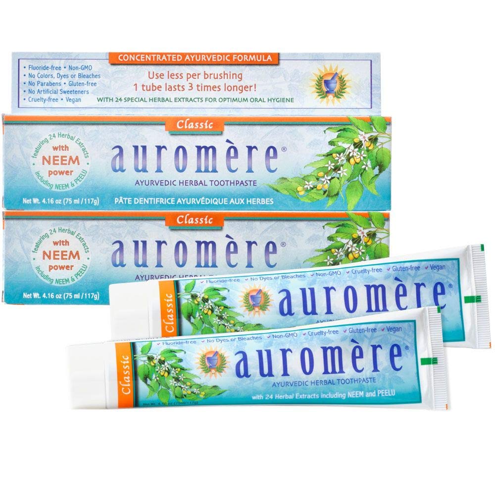 Auromere Ayurvedic Herbal Neem & Clove Toothpaste - All Natural Fluoride Free Toothpaste for Adults and Kids, Suitable for Sensitive Teeth, SLS-Free, Non GMO, Vegan, Cruelty-Free - 5 Pack