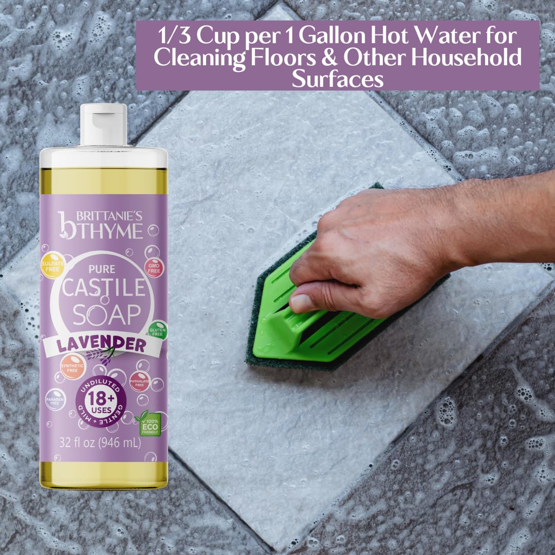 Brittanie's Thyme Pure Castile Liquid Soap Variety, Lavender/Peppermint/Lemon, 32 oz Pack of 3 | For Hair & Body, Gentle and Pure, Made with Natural Luxurious Oils, Vegan & Gluten Free Non-GMO