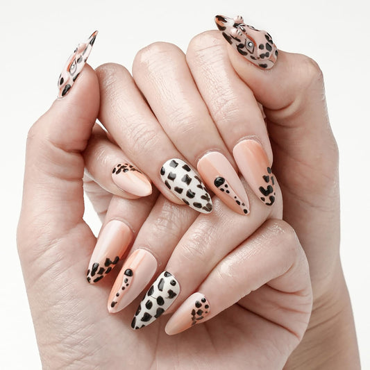 FORBELOVED NAILS,Nude Hand-pained Leopard Handmade Press On Nails,Medium Almond Glue On Nails,Charming 3D Texture Tails False Nails For Women And Girls,10Pcs/Set With Glue,(Nude-L),FOB