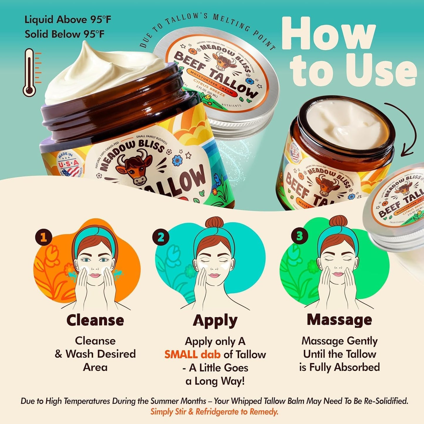 Meadow Bliss Beef Tallow for Skin - Moisturizer Cream - 100% Grass Fed - Whipped Beef Tallow - Manuka Honey - Organic Jojoba Oil, Shea Butter - Supports Eczema, Rosacea - USA - Citrus Breeze - 4 oz
