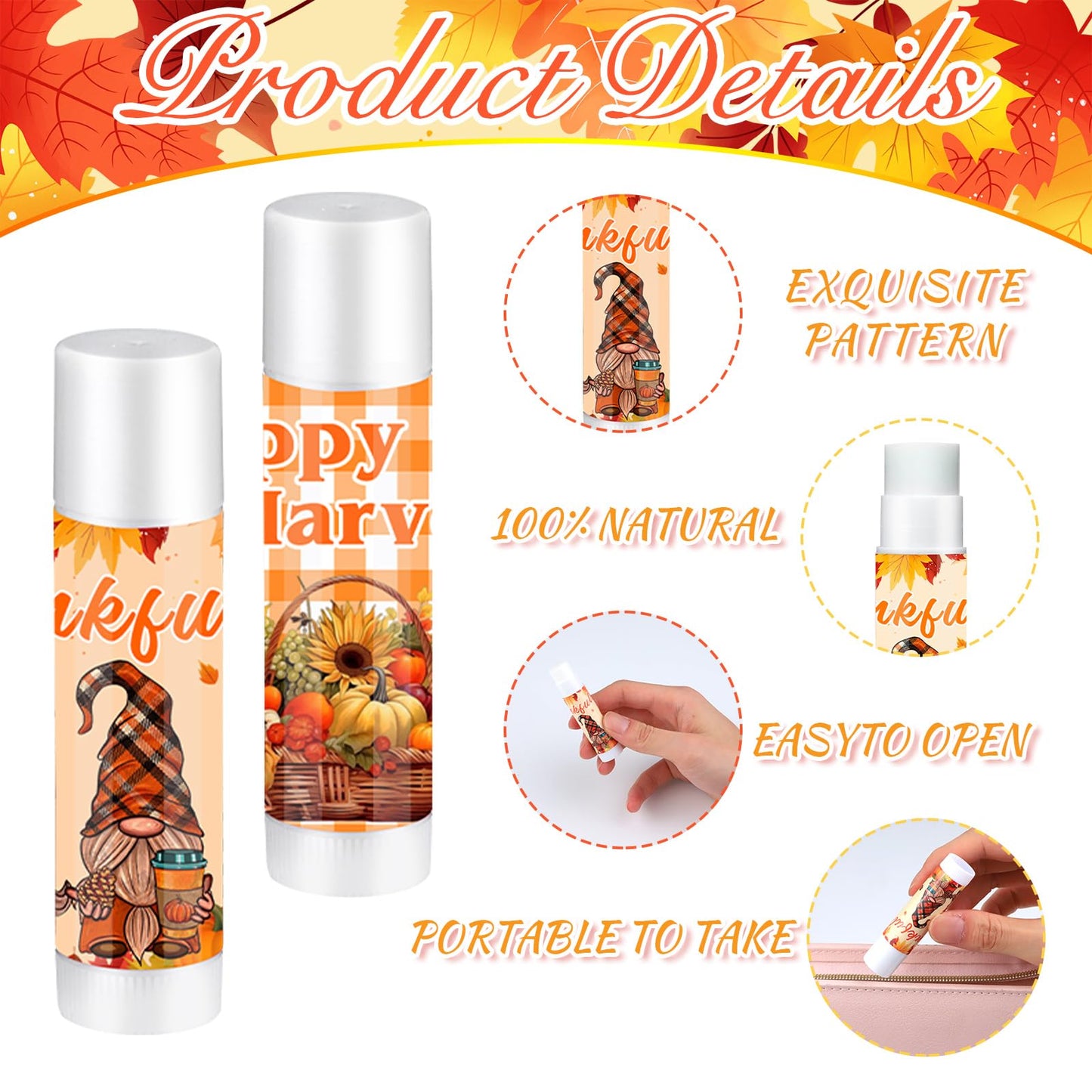QAUYETM 50 Set Fall Gifts Lip Balms Bulk Fall Party Favors 6 Assorted Flavors with 50 Organza Bags and Cards Autumn Pumpkin Maple Leaf Chapstick Thanksgiving Gifts for Women Men Coworkers Guest