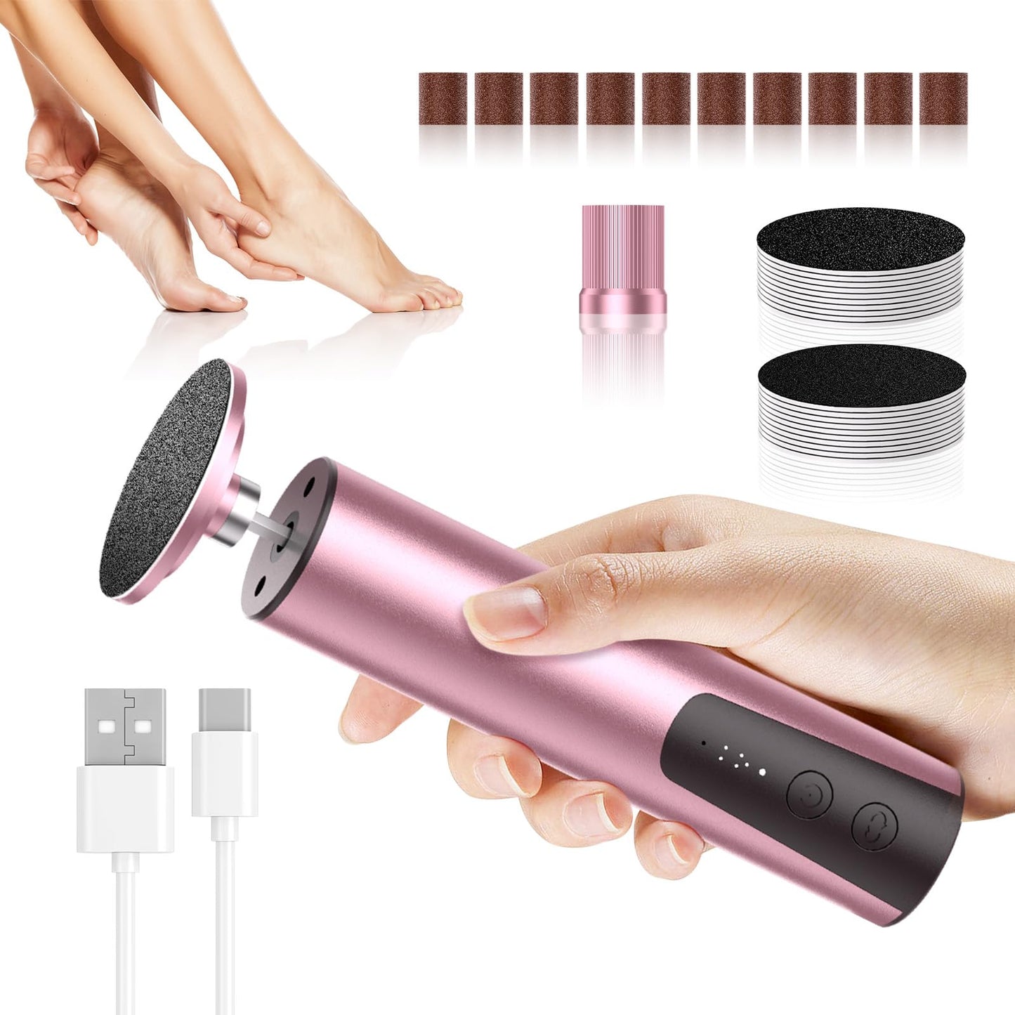 JOMLEY Electric Foot Callus Remover, 6 Speeds 2-in-1 Rechargeable Electric Foot File & Nail Grinder, Callus Remover for Feet Pedicure Tools with Sandpaper Disc for Dead Skin - Pink