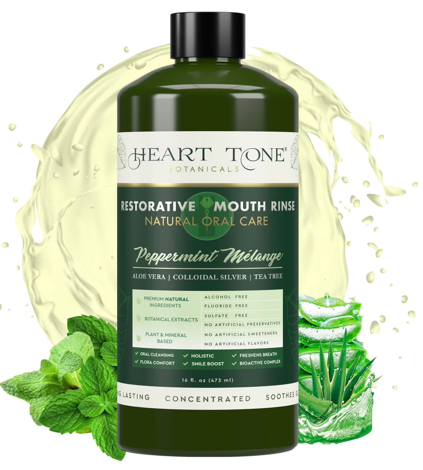 Heart Tone Botanicals Colloidal Silver Mouthwash | Nano Silver Alcohol-Free Mouth Rinse | Aloe Vera, Zinc, MSM & 18 Botanical CO2 Extracts | pH Balanced | Fluoride Free | Peppermint