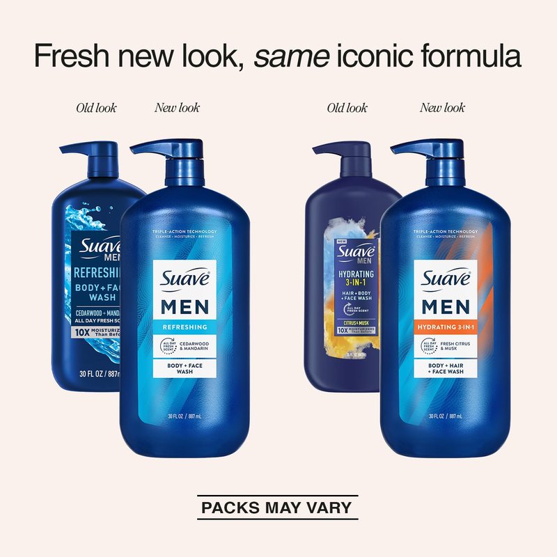 Suave Men Shower Essentials Variety 3-Pack – Energizing Sport, Hydrating 3-in-1 Hair + Body + Face Wash and Refreshing Cleanser, 30 Oz Each
