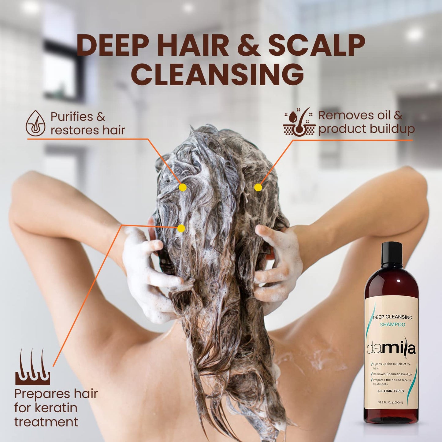 damila Deep Cleansing Shampoo - Clarifying Shampoo For All Hair Types - Degreases, Removes Residue and Product Build Up - Prepares Hair for Keratin Hair Treatment (4 Fl Oz)