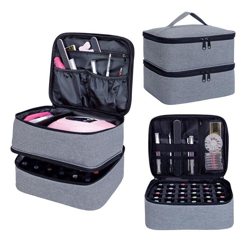 UOZL Nail Polish Organizer, Handheld Double Layer Organizer Holds 30 Bottles (15 ml/0.5 floz) with Adjustable Dividers for Nail Polish Small Manicure Lamp Manicure Tools Essential and Travel,Gray