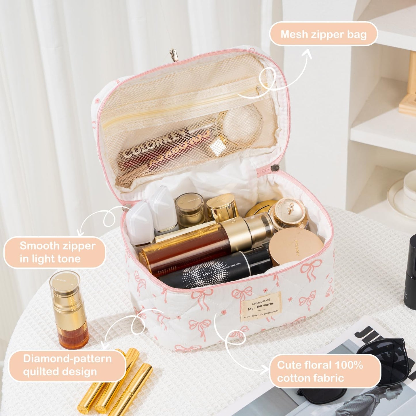 UUYUUY Makeup Bag for Women 3PCS Quilted Cotton Make Up Bag Travel Cosmetic Bag Large Makeup Bag Set Cute Bow Organizer Floral Toiletry Pouch for Purse, Bow B