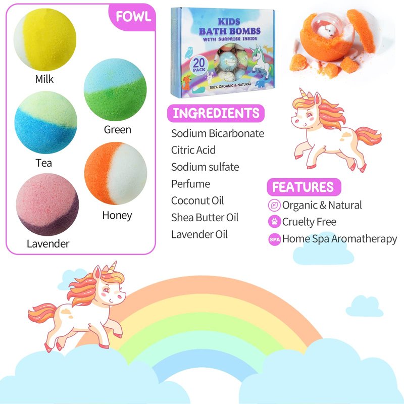 Bath Bomb Gift Set with Toys Inside, 20 Pack Organic Bath Bombs for Kids, Kids Safe Handmade Fizzy Balls for Kid, Ideal Birthday Gift for Boys & Girls