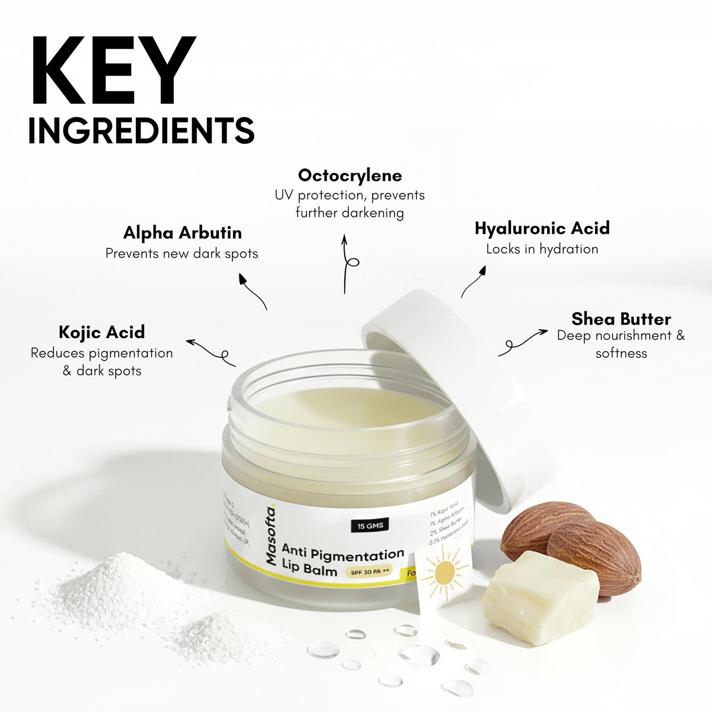 Masofta Shea Butter Lip Balm with Kojic Acid, Alpha Arbutin & Shea Butter for Smooth, Crack Free & Clear Lips, SPF 30 PA++, For Men & Women, 0.52 oz/15GMS