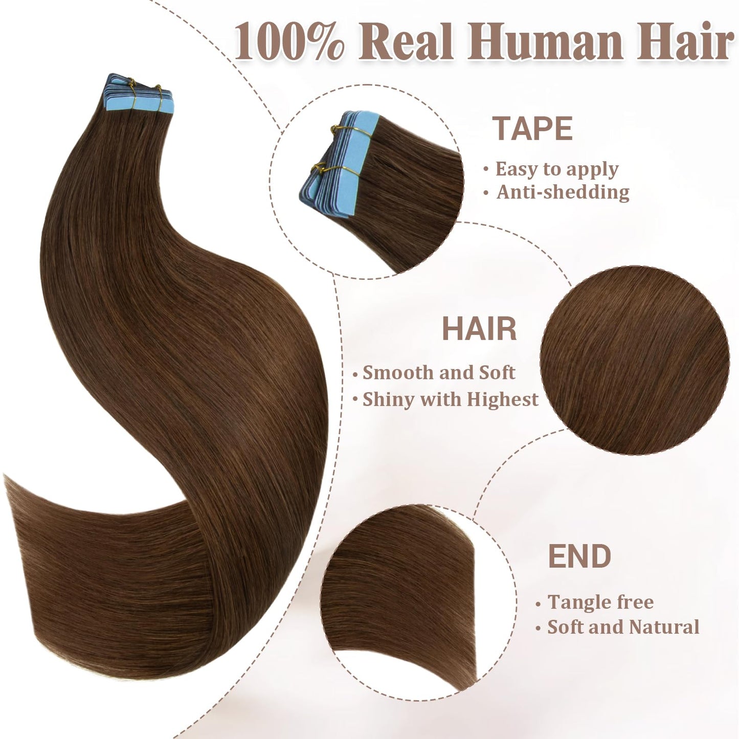 Lveyan Tape in Hair Extensions Human Hair 16 Inch Brown 20pcs 50g/pack Tape in Straight Seamless Skin Weft Remy Tape in Hair Extensions for Women（#4, 16Inch ）