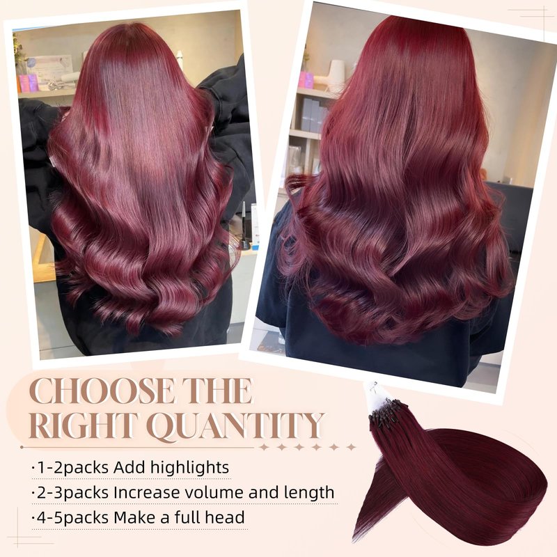 MioYio Microlink Hair Extensions Human Hair 99j Red 30g/38s/Pack 18inch Microbead Micro Loop Hair Extensions Real Human Soft and Glossy Longer Life