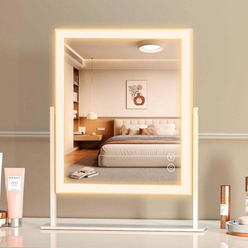 Fenair Vanity Mirror with Lights and Bluetooth Speaker, 9.8" x 14.2" LED Makeup Mirror with Dimmable 3 Color Lighting Modes Smart Touch Control, 360° Rotation and 10X Magnification,White