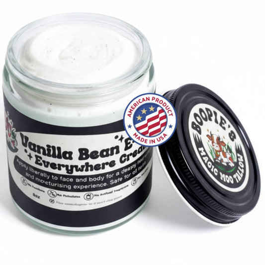 Magic Moo Tallow Vanilla Bean E-Moo Moisturizing Everywhere Cream with Organic Emu Oil. For acne, stretch marks, eczema, hyrdation, dry skin & more. 2oz
