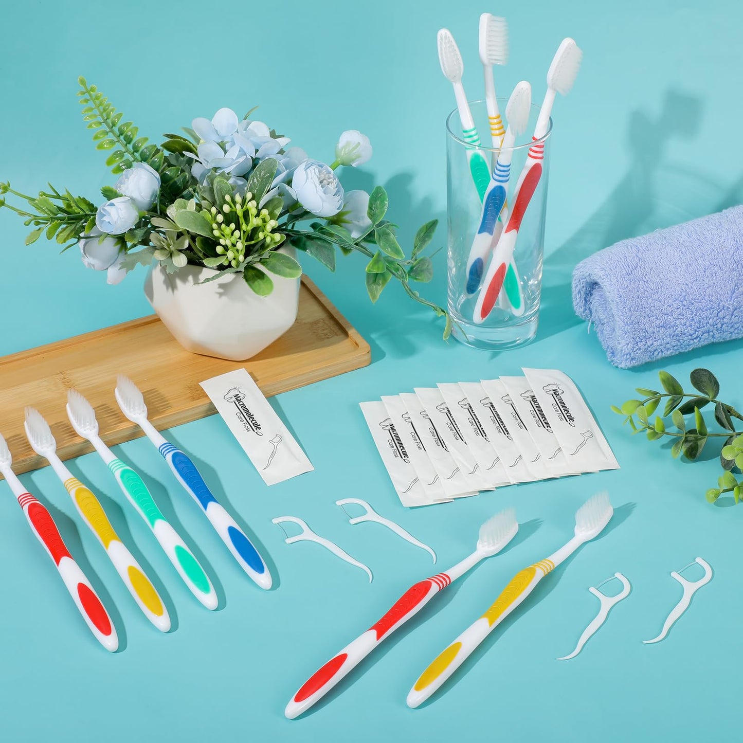 Mifoci 300 Pcs Individually Wrapped Toothbrushes Bulk with Dental Floss Set 100 Soft Bristle Toothbrushes 200 Floss for Travel Office School Hotel Guest Homeless Holiday Gifts