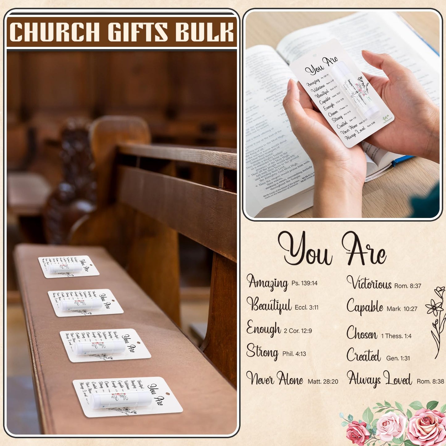 Sacubee 50 Pack Christian Gifts Bulk for Women Men Religious Lip Balms Bulk Church Party Favors Christmas Party Gifts Stocking Stuffers Bible Verse Study Supplies for Employee Staff Coworker