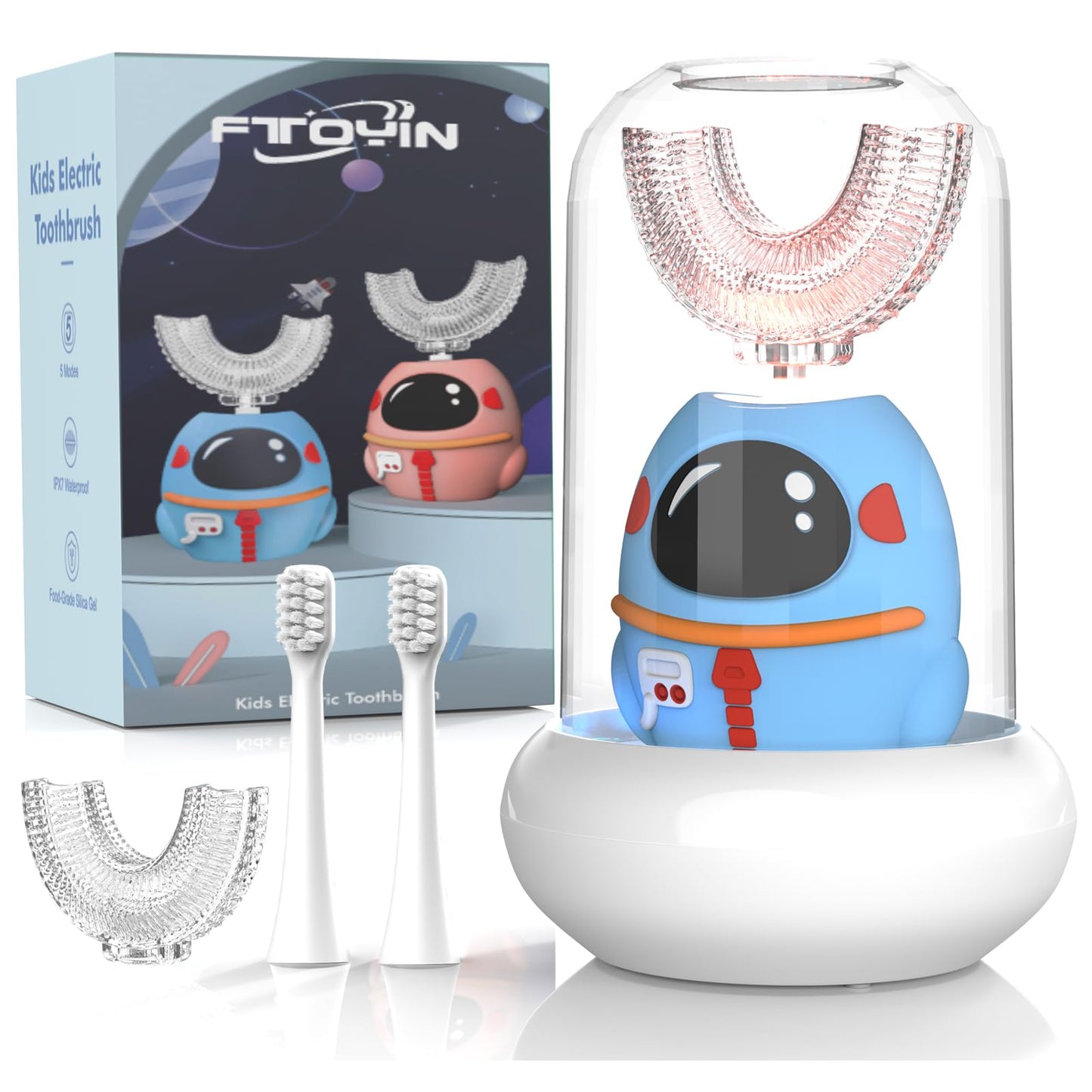 FTOYIN Kids Electric Toothbrush with 3 Brush Heads, U Shaped Ultrasonic Toothbrush Kids with 5 Modes, 45s Smart Reminder, 360-Degree Automatic Cleaning, IPX7 Waterproof Design