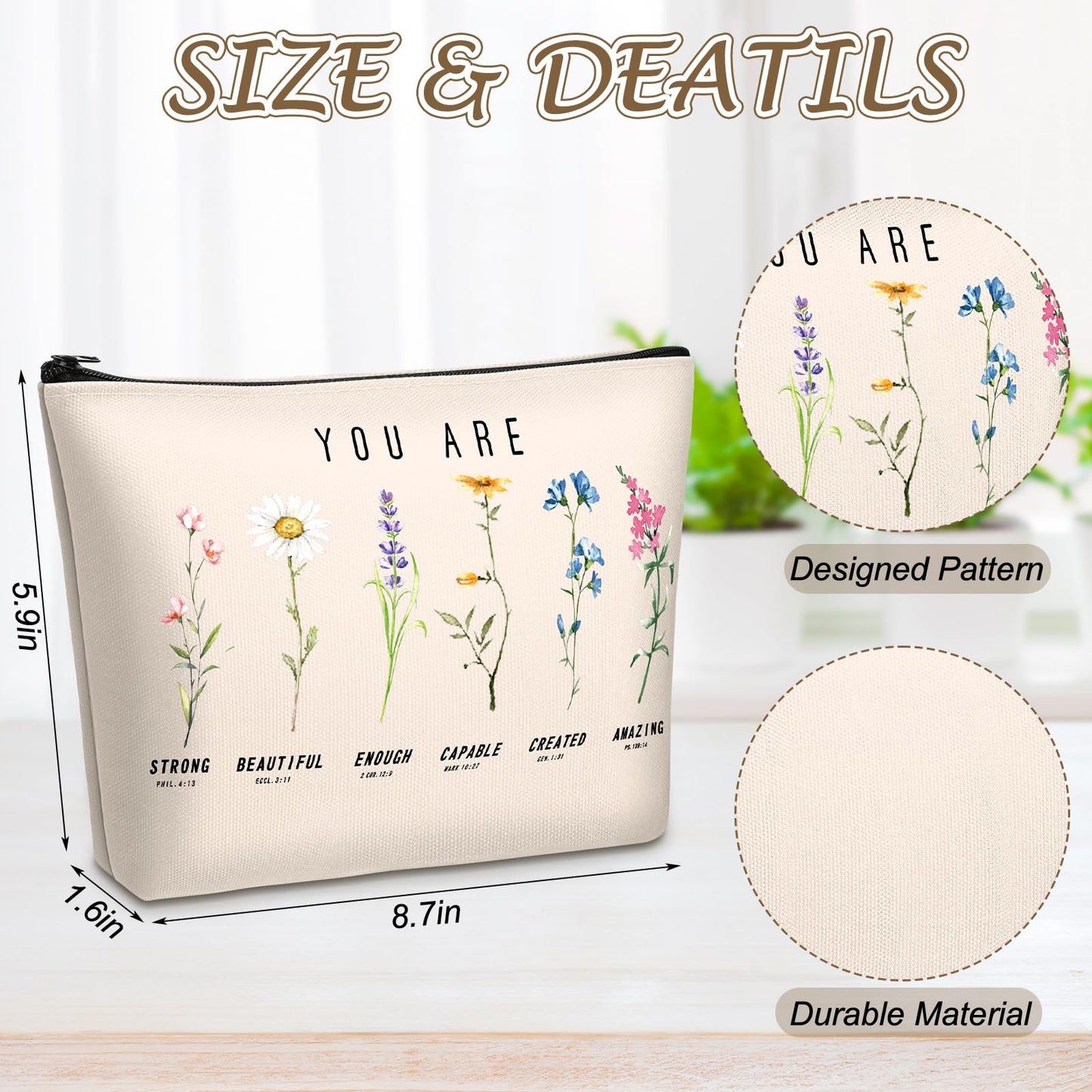 Frienda 24 Pcs God Says You Are Cosmetic Bags for Women Bible Verse Floral Makeup Case Inspirational Religious Bags Affirmations Christian Gifts for Mother's Day Birthday Easter Day(Natural Color)
