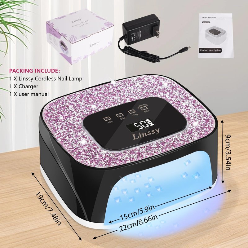 Linssy Rechargeable UV/LED Nail Lamp with Auto Sensor, Portable Cordless Gel Nail Dryer Light 4 Timings & Diamond LCD Screen, UV Light for Gel Nails at Home Salon (Black)