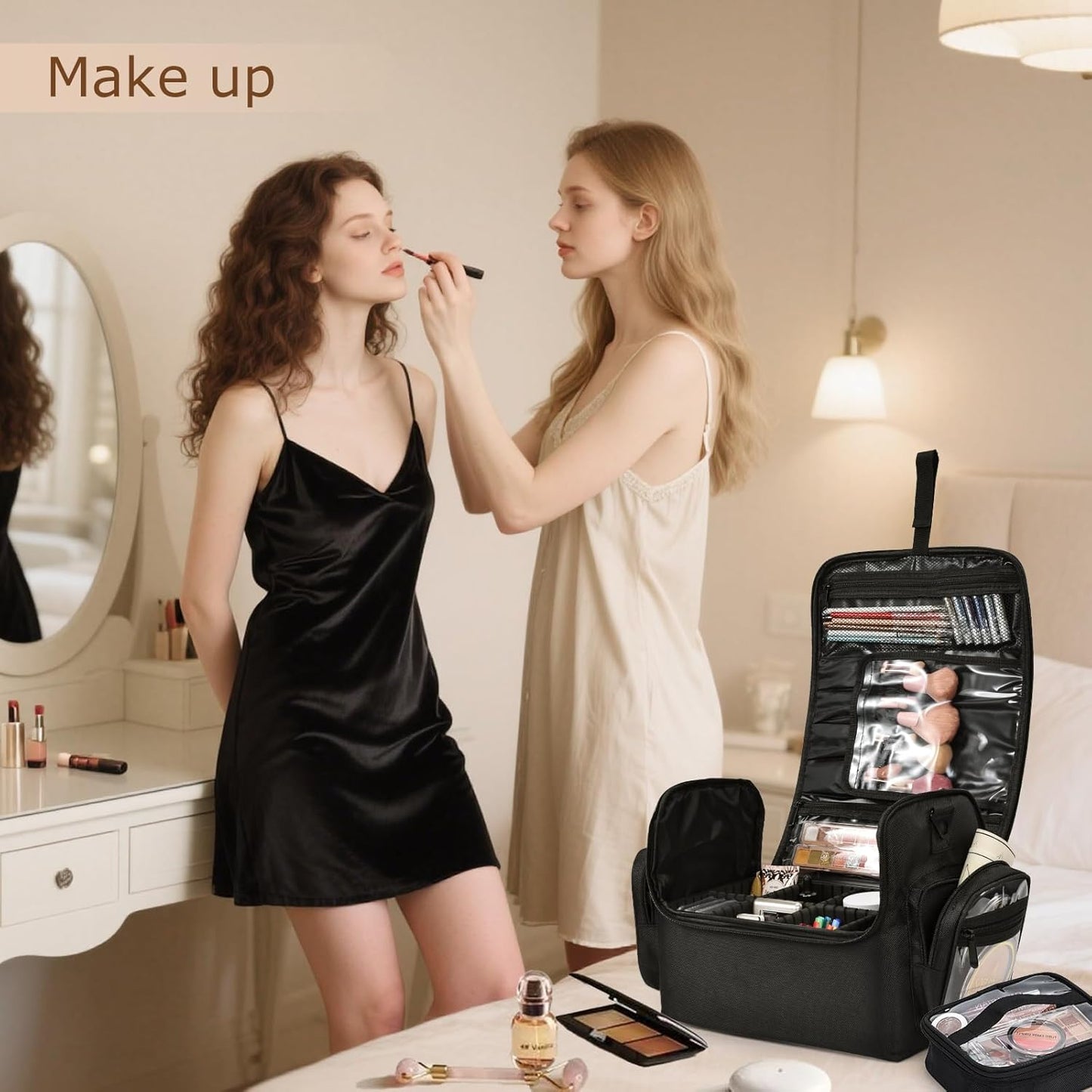 Professional Makeup Bag - Large Cosmetic Organizer with Brush Holder & 4 Clear Bags | Travel Storage with Shoulder Strap & Dividers