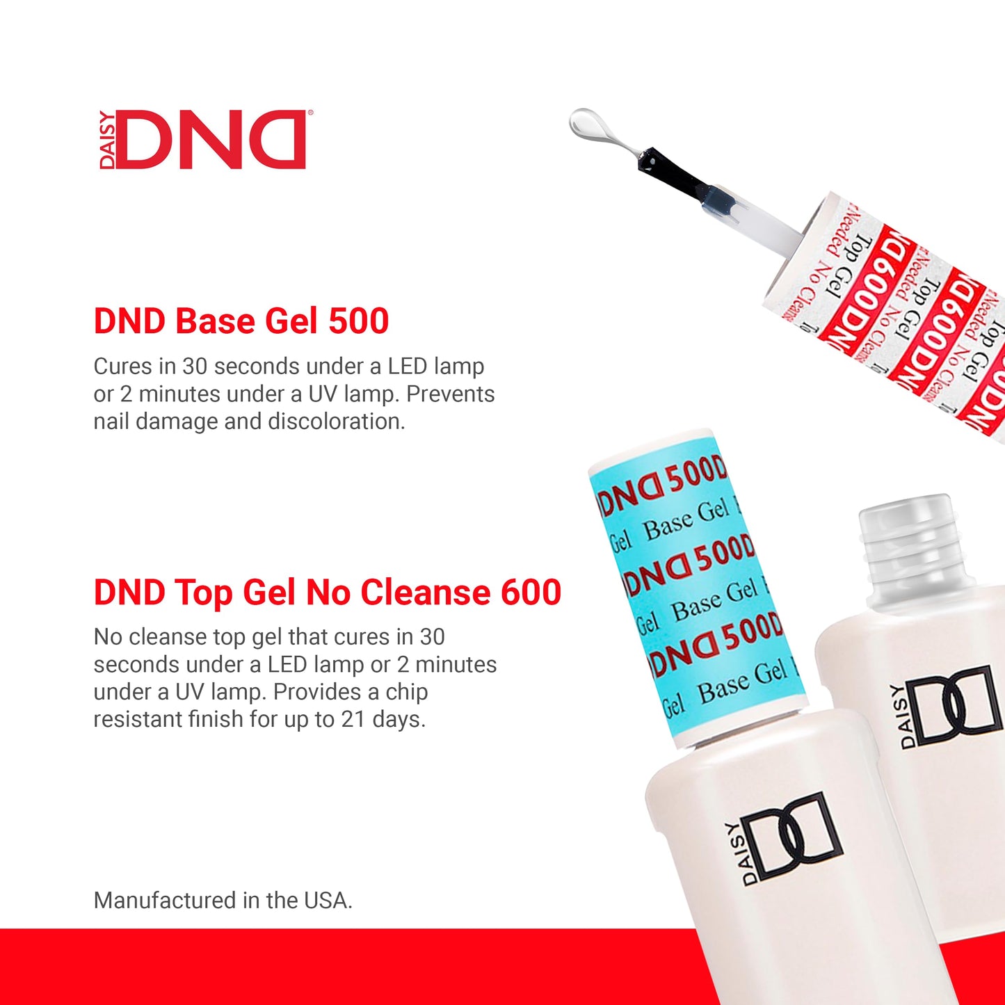 DND Base Gel and Top Gel Polish No Cleanse Set, UV/LED GelBase Polish 500 and No Cleanse Top Coat 600, Professional Gel Polish Duo, 0.5 Fl Oz Each