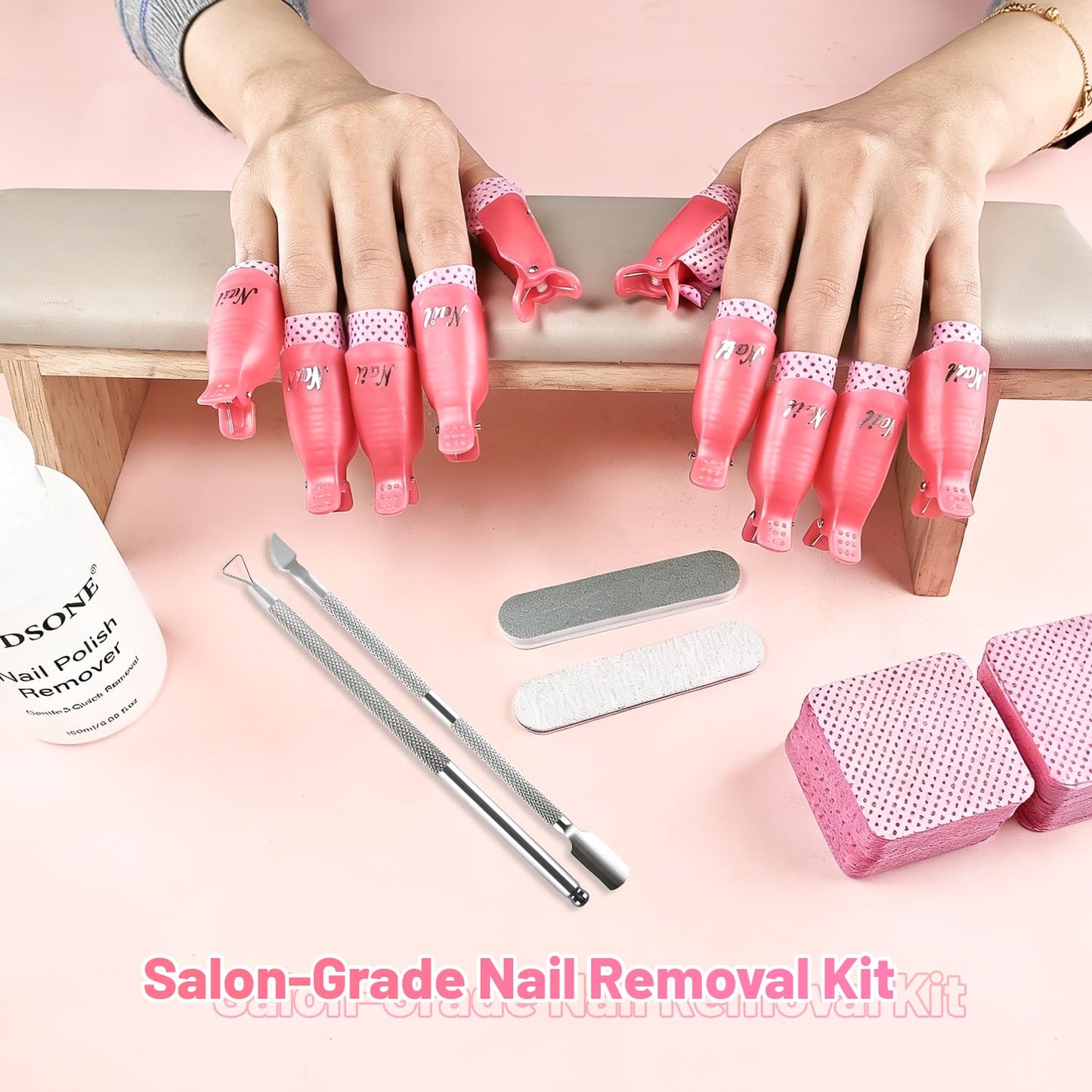 JODSONE Nail Polish Remover Kit with Non-Acetone Nail Polish Remover,Nail Clips,200Pcs Cotton Pads,Cuticle Pusher & Peeler,Soak Off Gel Remover Set for Gel Nail Polish,Safe & Gentle Nail Care Tools