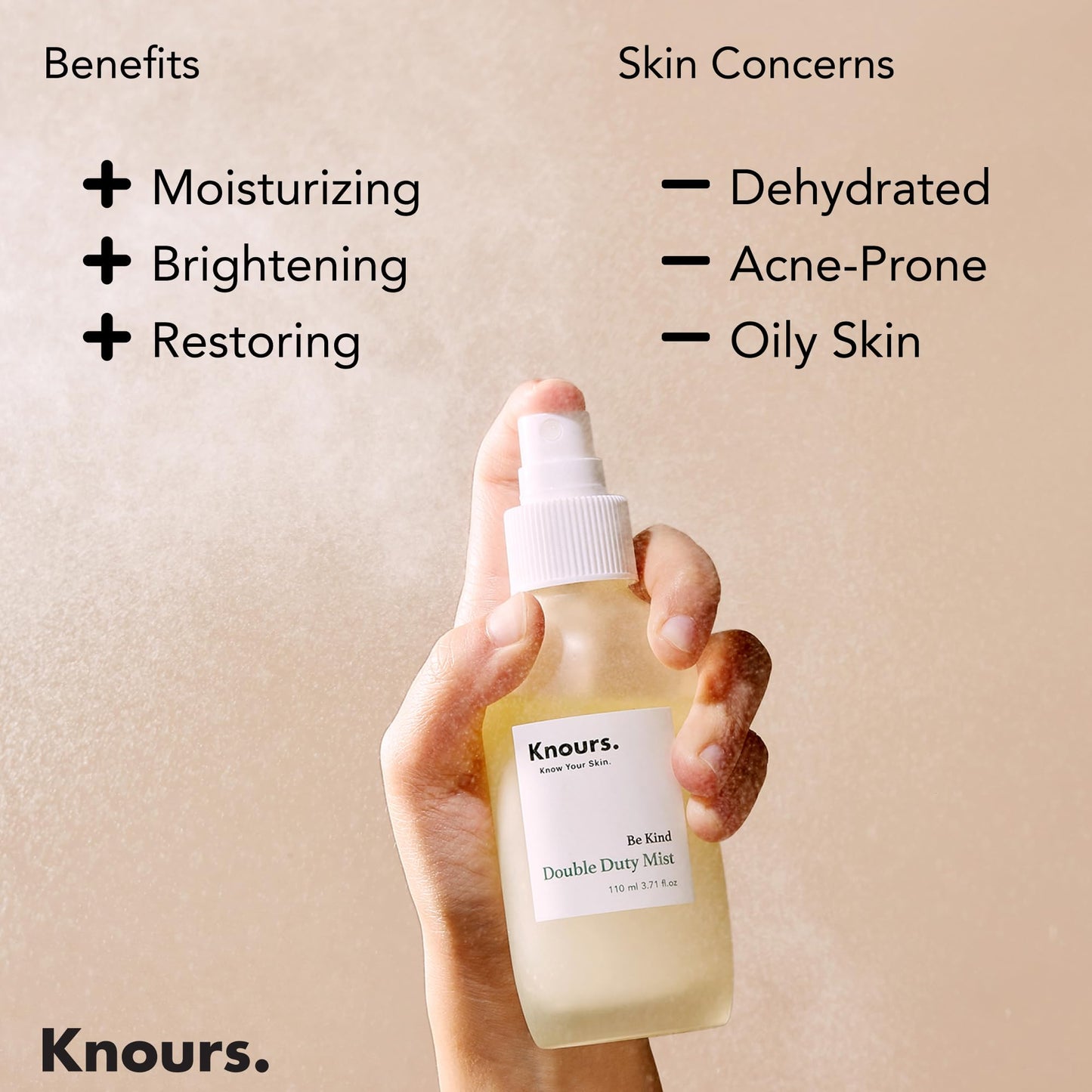 Knours Korean Hydrating Jojoba Oil + Aloe Vera H2O | Knours Be Kind Face Mist Spray | Vegan Squalane | Dry, Sensitive Skin | for Redness |110ml/3.72fl oz