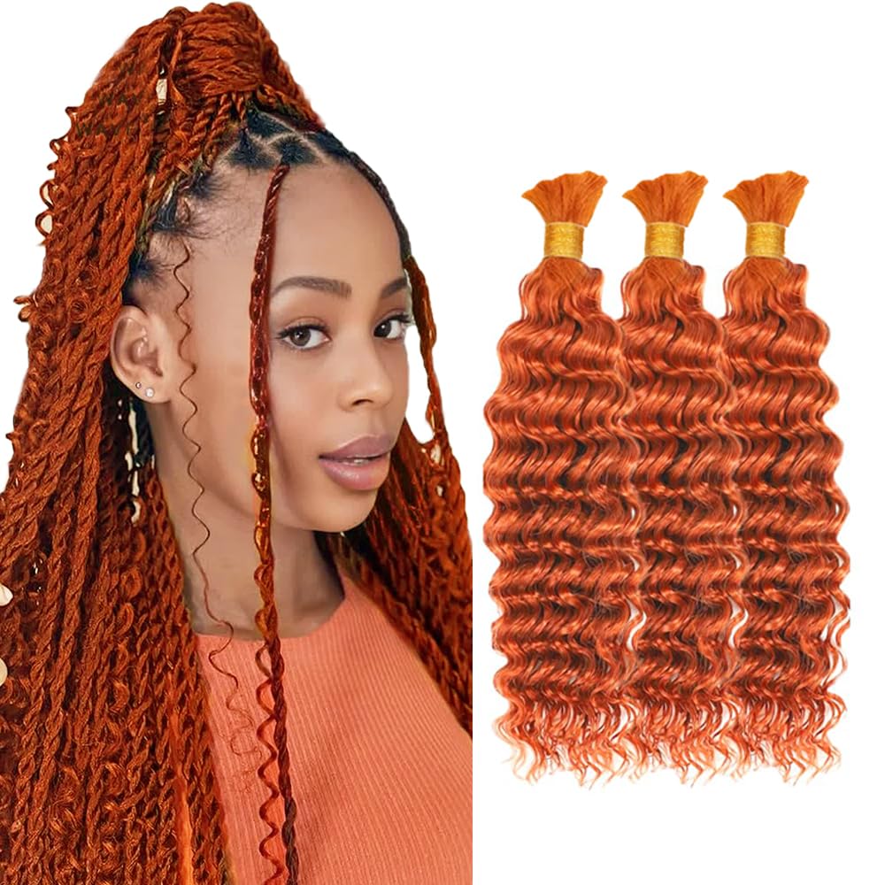 Deep Curly Human Braiding Hair - Orange 350 Ginger Boho Extensions | 16 Inch Bulk