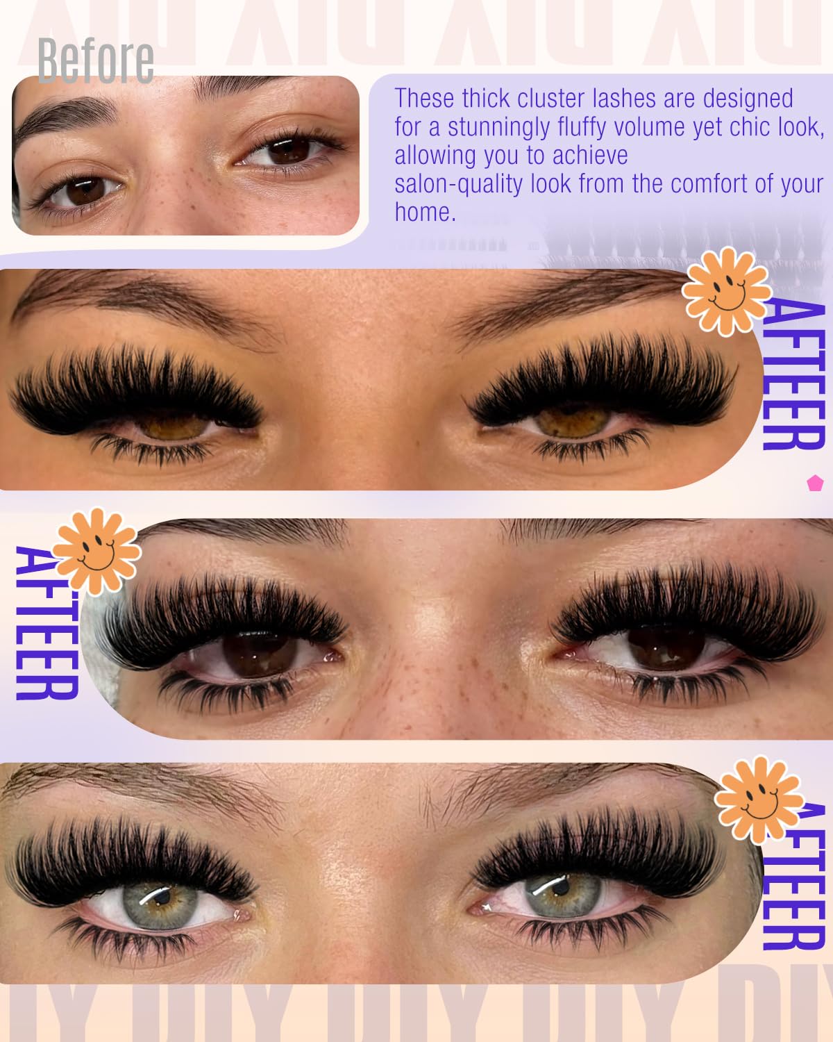 Thick Lash Clusters 300D+400D Volume Eyelash Clusters 12-22mm Long Fluff Cluster Eyelash Extensions Mega Full DIY Salon-look Wispy Lash Extension with Bottom Lashes 5 Styles 220Pcs