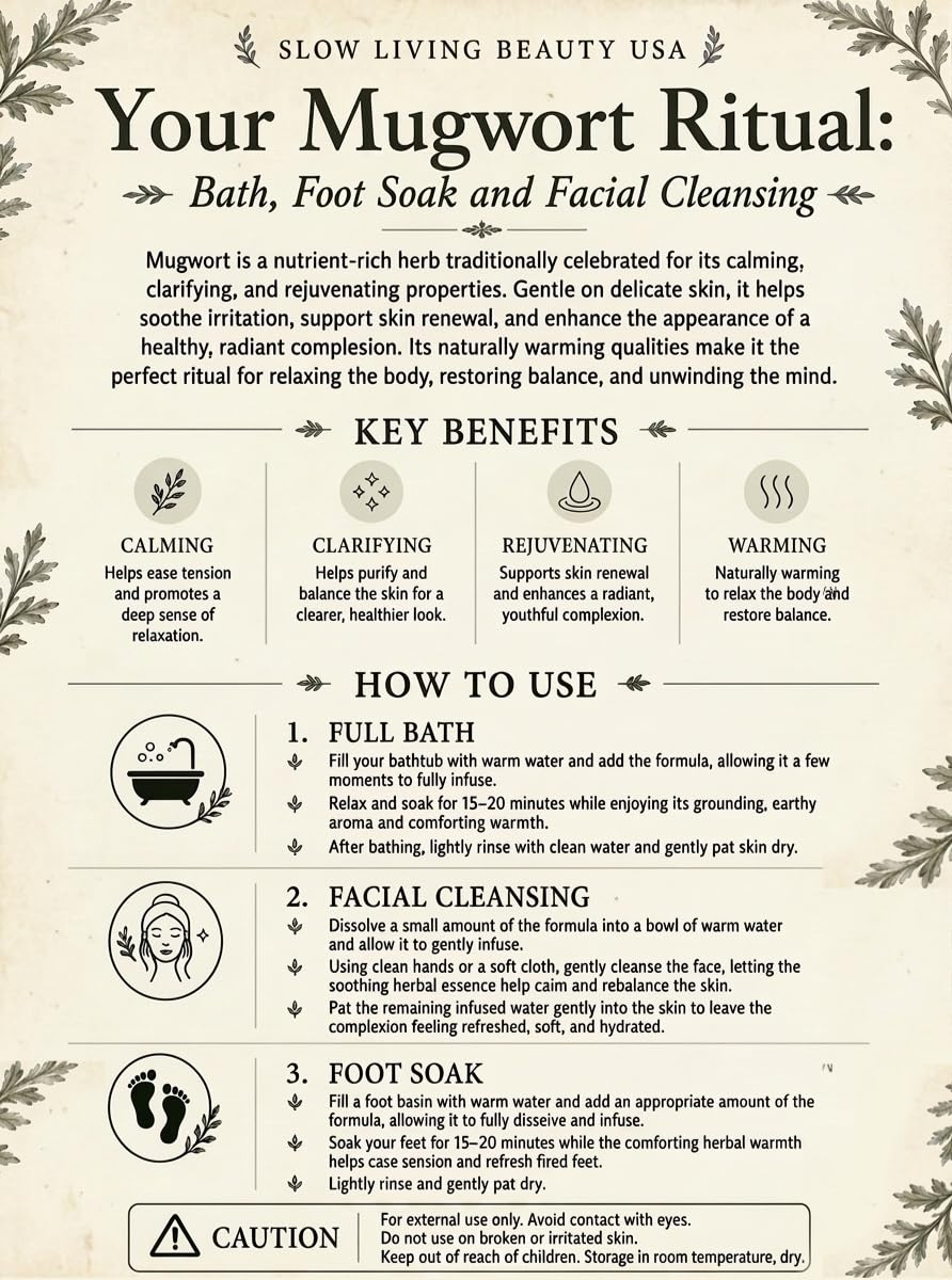 Slow Living Beauty Organic Mugwort Bath Water additive for Women's Healty, Beauty and Moist Skin 12 Packs