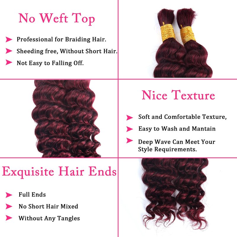 Human Braiding Hair for Boho Braids Burgundy Deep Wave Bulk Human Hair for Braiding 18 Inch 2 Bundles 100G #99J Wet and Wavy Curly Human Hair Red Braiding Hair Extensions No Weft Bundles for Braiding