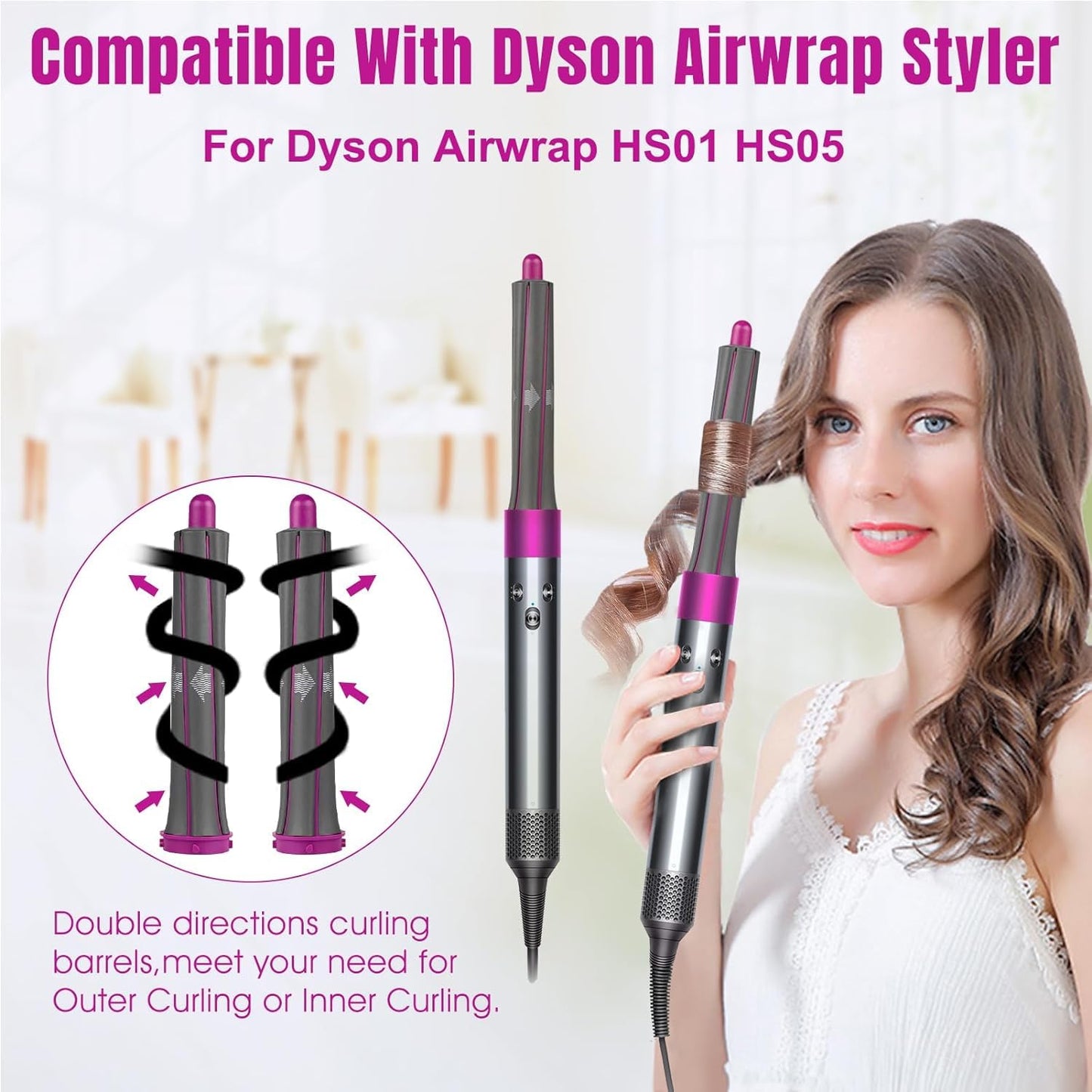 Hair Curling Iron Barrels & Round Brush Attachment for Dyson Supersonic Hair Dryer, 5 in 1 Hair Tools Replacement Parts Automatic Curling Suit, Accessories for Multiple Hair Styles