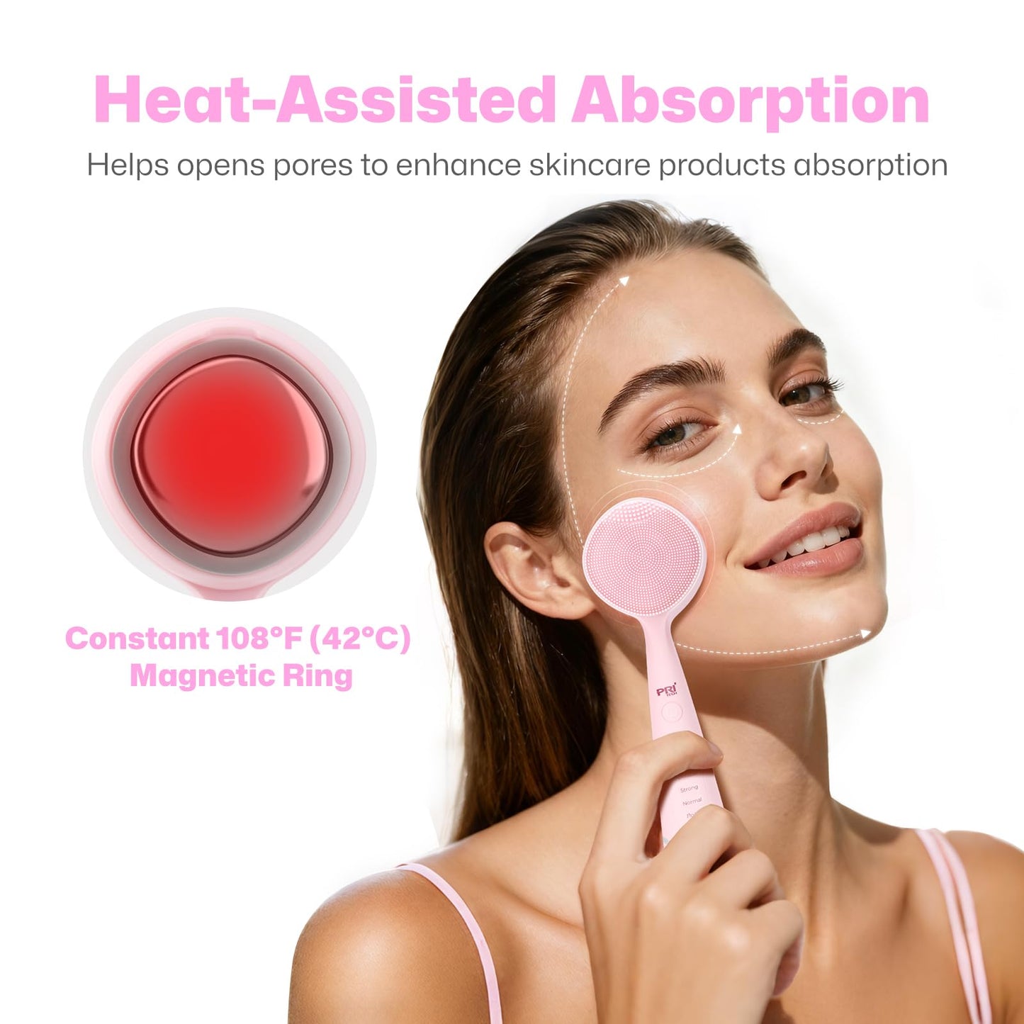 PRITECH Facial Cleansing Brush with Vibrating, Rechargeable Silicone Face Scrubber for Deep Pore Cleaning, Exfoliator & Waterproof Face Brush with Heat End for for Women and Men (Pink)