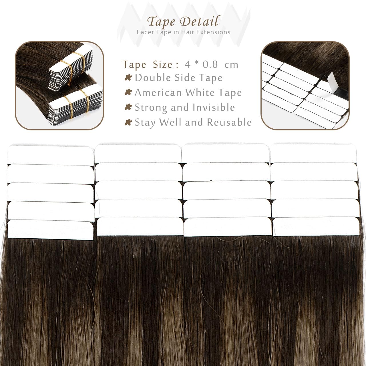 Lacer Dark Brown Tape in Hair Extensions Human Hair 18 Inch Rooted Dark Brown to Chestnut Brown Highlight Silky Straight Seamless Double Sided Tape in Extensions 50g 20pcs