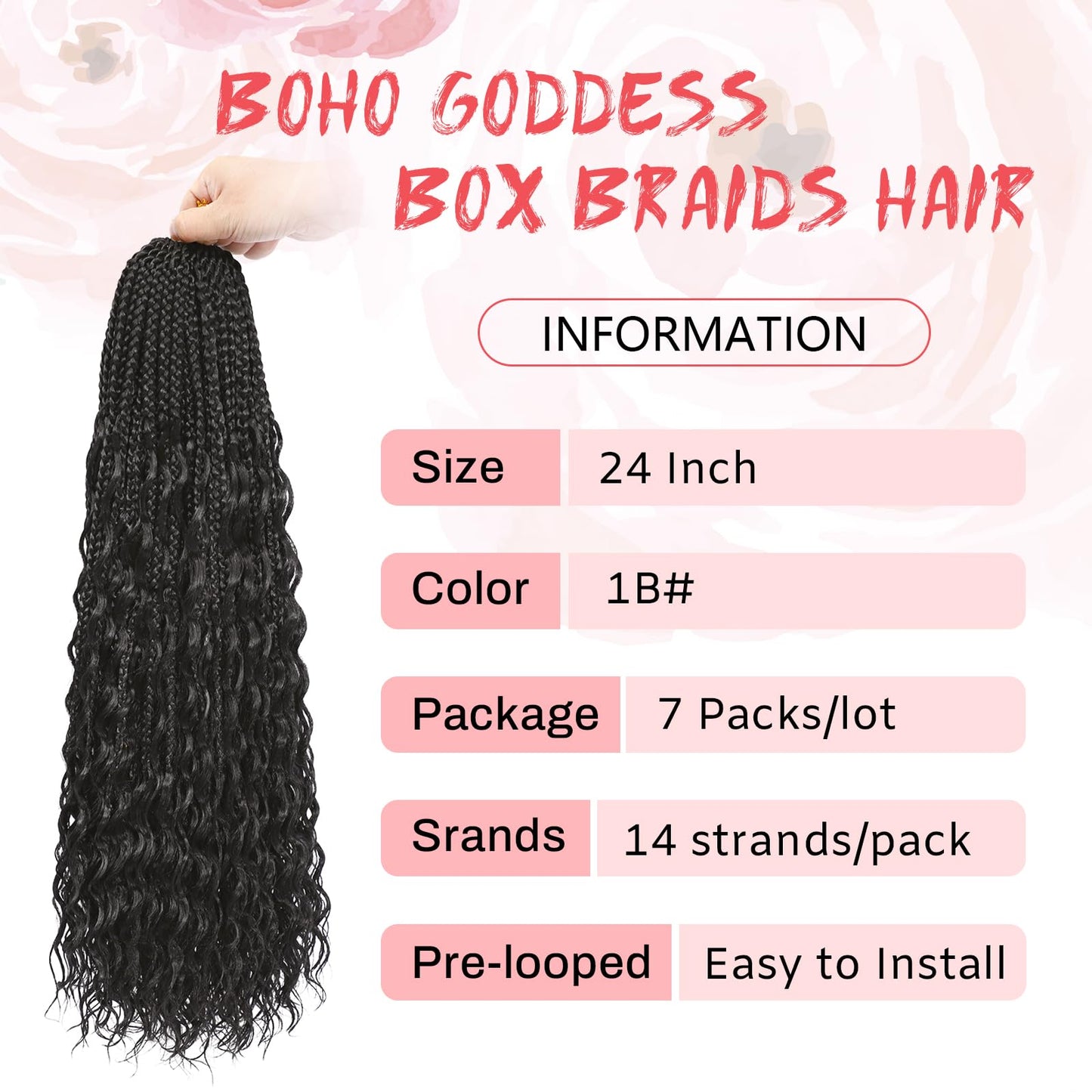 Eeanno Goddess Box Braids Crochet Hair for Black Women 24 Inch 7 Packs Natural Black Boho Hair Pre Looped Crochet Box Braids with Curly Ends, 1B