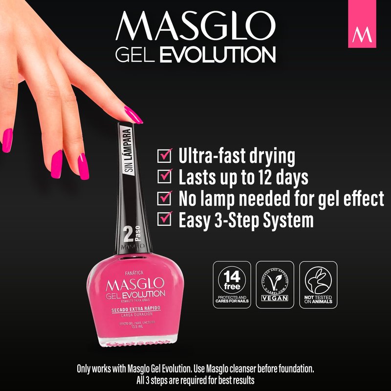 MASGLO Gel Evolution – Nail Polish No UV/LED Lamp Needed, Fast-Drying, 12-Day Wear, 14-Free Formula, High-Gloss Finish, vegan (0.5 oz)