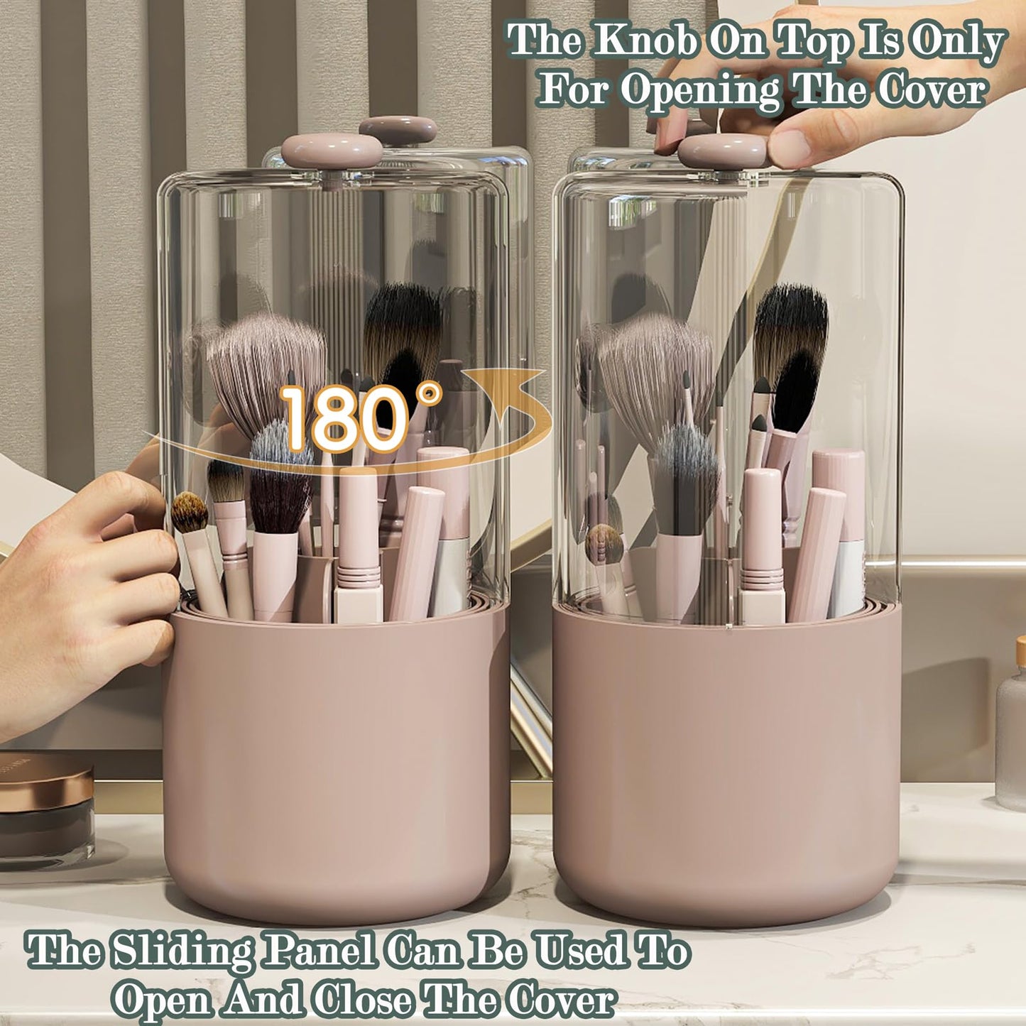 Zufudo Makeup Brush Holder with Dustproof Cover, Clear 360 Rotating Make Up Brushes Organizer for Counter Vanity Bathroom, Pink