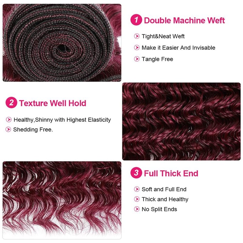 1B99J Bundle Ombre Red Deep Wave Human Hair Bundles Ombre Burgundy Loose Deep Wave Bundles Human Hair 14 16 18 Inch Red Bundle