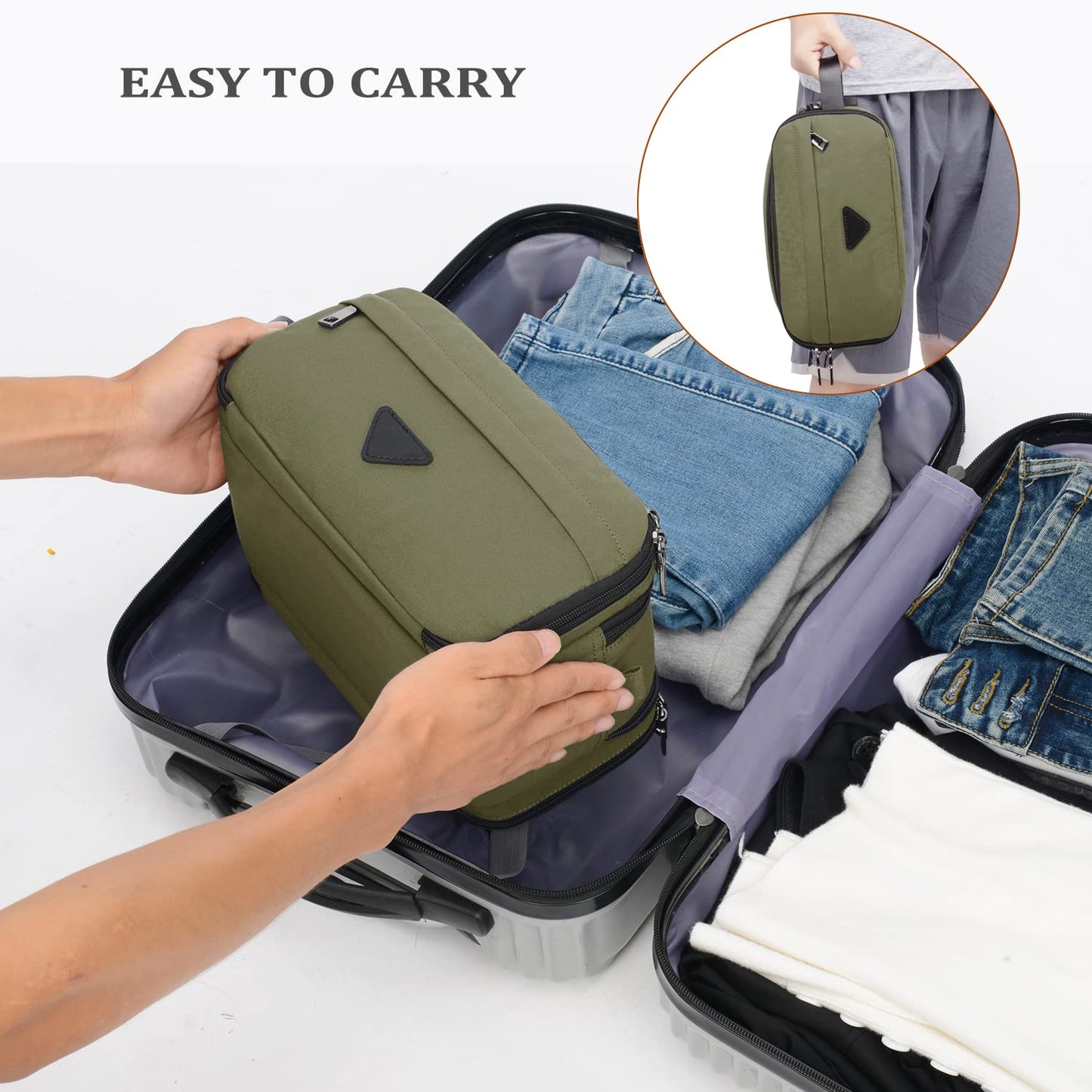CROCOD Toiletry Bag for Men - Water-Resistant Oxford Travel Organizer Dopp Kit with Double Zippers, Padded Shaving Bag for Bathroom, Gym, Dorm - Multi-Function Cosmetic Storage Bag (Green)